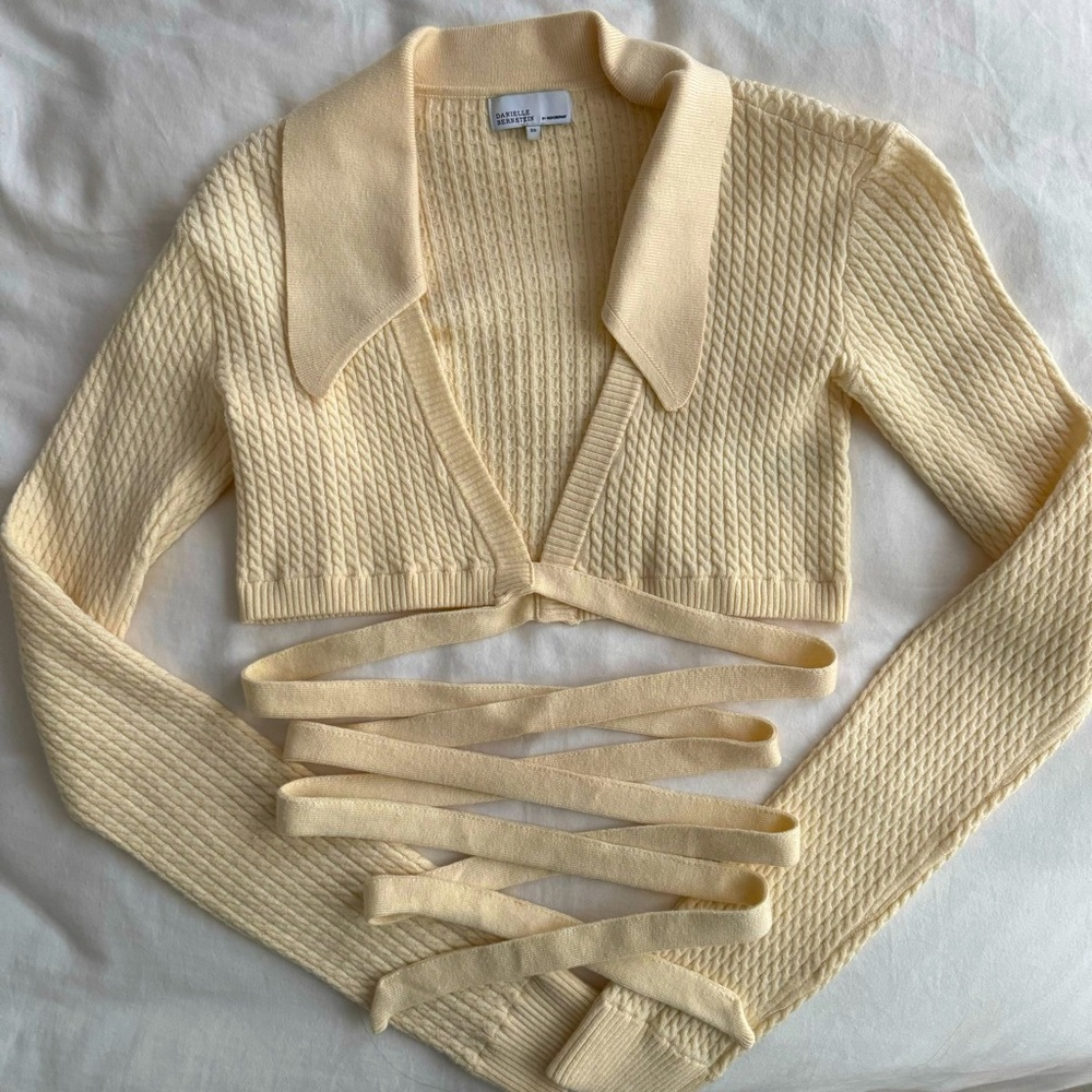 Daniel Bernstein Ivory Cable Knit Collared Croppe… - image 1